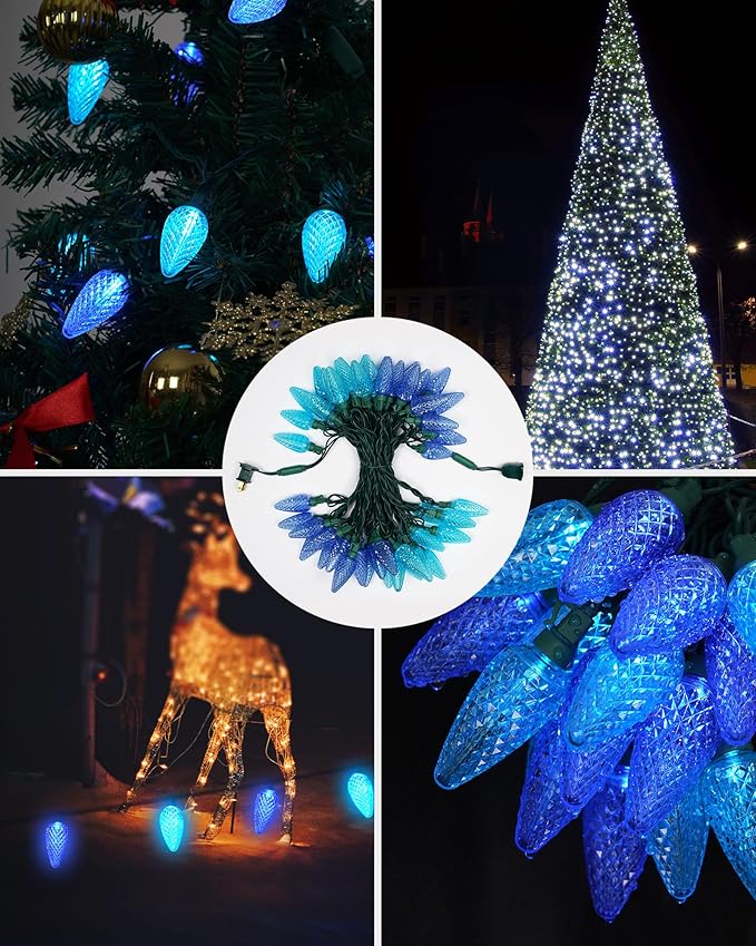 C9 LED Christmas String Lights, 33.33ft 50 LED Outdoor Indoor Decorative Light Strand, Xmas Holiday Lights for House, Christmas Tree, Patio, Party Decoration, Turquoise & Ice Blue, UL Listed