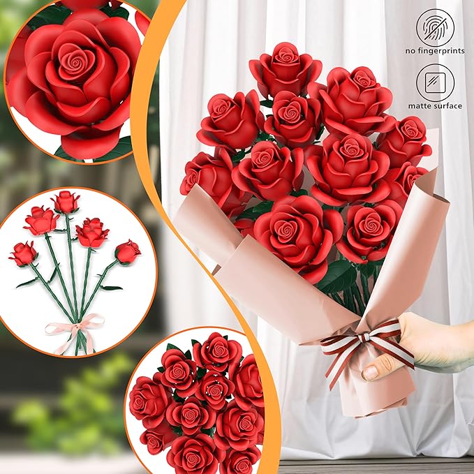 Red Roses Flower Bouquet Building Sets, 670Pcs Artificial Flowers Building Blocks Compatible with Lego Flowers for Adults Christmas Birthday Gifts for Women Mom Valentines Day Gifts