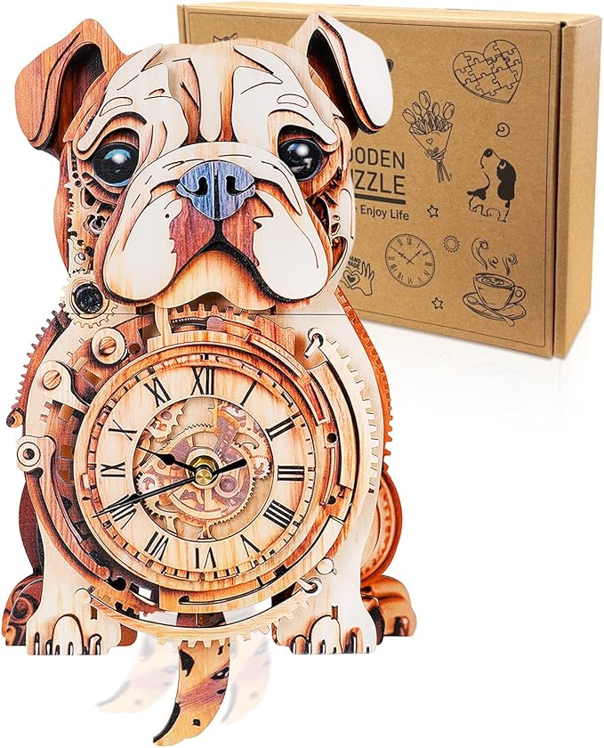 3D Puzzle for Adults Bulldog Clock - Mechanical DIY Wall Clock Kit Model Building Set Hobbies for Women Men Puzzle Home Decor & Stress Relief Craft Unique Gift for DIY Lovers