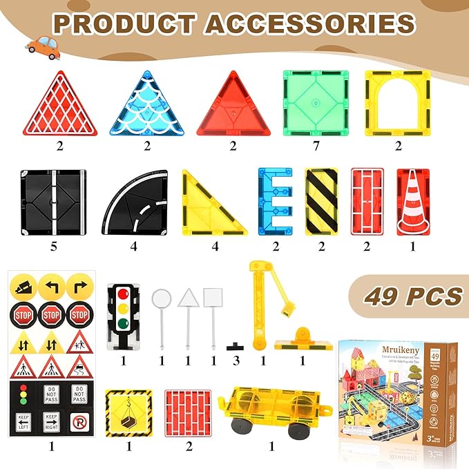 Magnetic Tiles Road Set, Magnetic Blocks Building Toys for 3+ Year Old Boys Girls, Magnet Construction Toys Preschool Educational Kids Magnet Tiles for Toddlers 3-5 4-8 (Magnetic Tiles City Set)