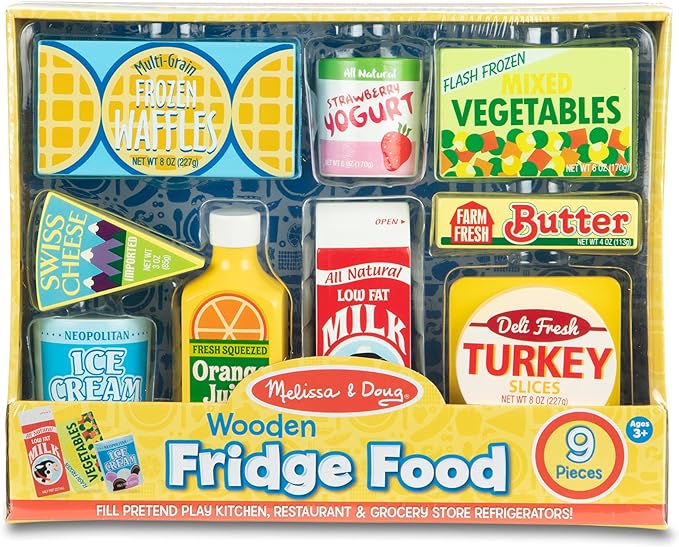 Melissa & Doug Fridge Food Wooden Play Food Set - 9 Pieces Pretend Play Kitchen Accessories, For Kids Kitchen, Wooden Grocery Sets For Kids Ages 3+