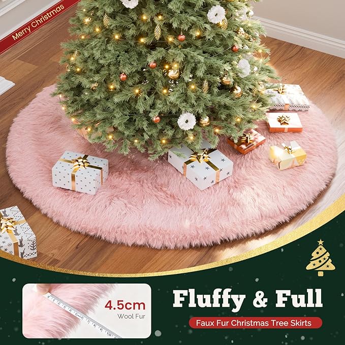 iMucci 30inch Christmas Tree Skirt Wool Fur Pink Tree Skirt Small Tree Skirts Pink Trees Skirt Holiday Party Decoration