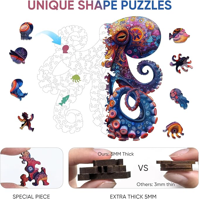 Octopus Puzzles for Adults 500 Pieces, 5MM Thick Wooden Jigsaw Puzzles, Unique Shape Puzzle Ocean Wood Puzzles for Adults and Kids Birthday Gifts Family Game 16.9 * 16.9inch