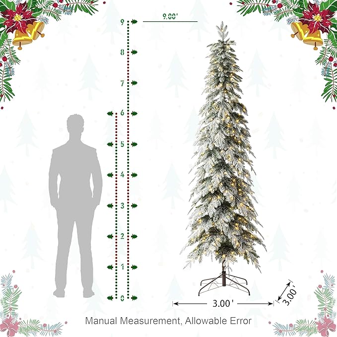Glitzhome 9ft Prelit Christmas Tree, Artificial Christmas Tree with 470 Warm White Lights, Flocked Pencil Christmas Tree Chicago Frostwood Spruce w/1581 PE&PVC Branch Tips and Sturdy Metal Stand