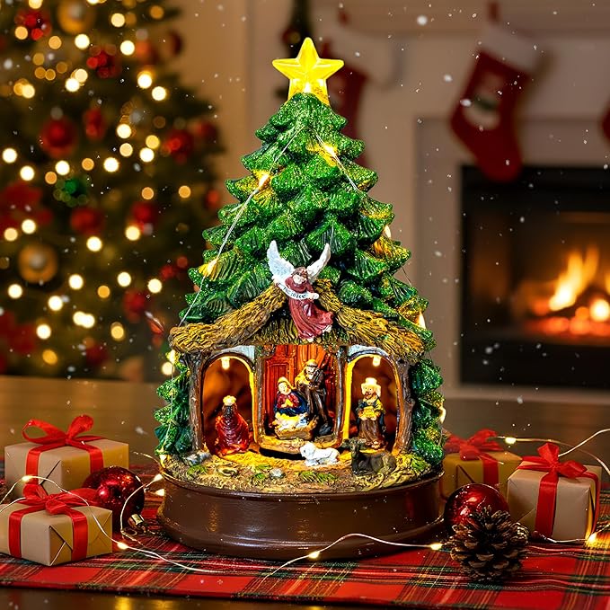 Musical Christmas Tree Rotating Nativity Scene with Star LED Light, Christmas Holy Family Angel Figurines for Xmas Decor Gift, Tabletop Decorative Christmas Trees Ornaments