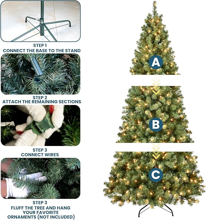 Kadunmina 7ft Pre-lit Christmas Tree, Prelit Artificial Spruce Xmas Trees with 400 Incandescent Warm White Lights, 1072 Branch Tips and Metal Stand for Home, Office, Holiday Decor,Green