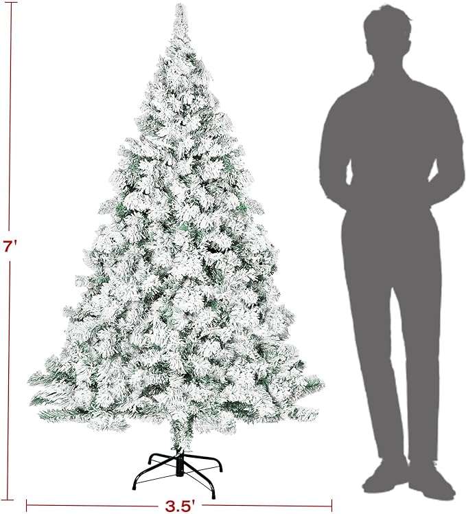 7 ft Premium Hinged Artificial Holiday Christmas Tree for Home, Office, Party Decoration Snow Flocked Xmas Pine with 1,000 Branch Tips, Easy Assembly, Metal Hinges & Base, White