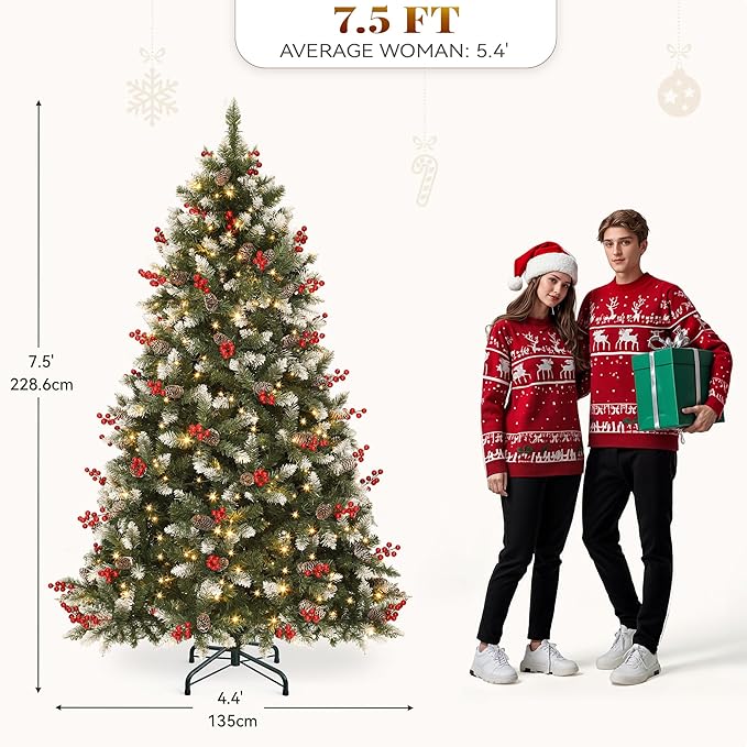 YITAHOME 7.5FT Prelit Christmas Tree with Remote, Artificial Hinged Pre-Decorated Christmas Tree with 82 Pine Cones & 82 Red Berries, Xmas Tree with 1398 Frosted Tips, 550 Lights