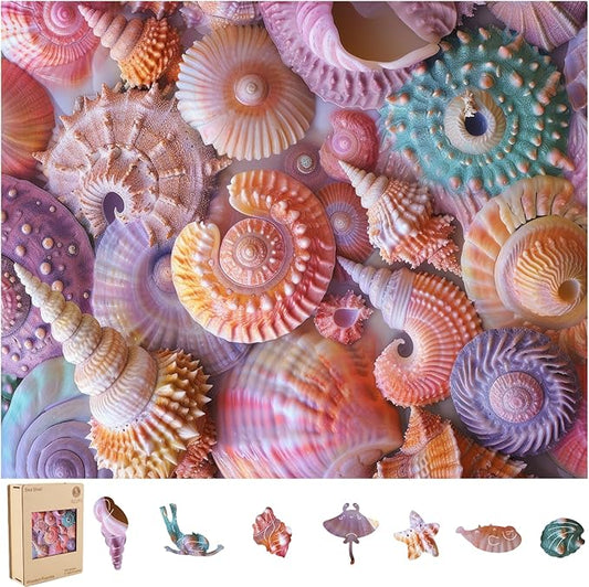 Wooden Puzzles for Adults, Sea Shell Wooden 500 Piece Puzzles for Adults,Unique Shaped Jigsaw Puzzles, Fun Challenge Brain Health Family Game Creative Gift for Friends 18.1 x 15.1in