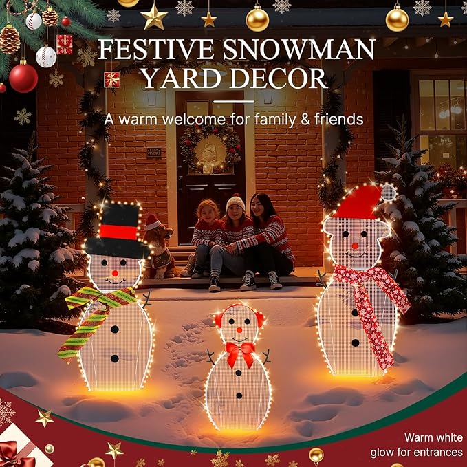 3-Piece Lighted Snowman Christmas Decorations Outdoor Yard Snow Man Family with 180 LED Lights, Snowman Yard Decorations, Christmas Yard Decorations for Outdoor Lighted Holiday Lawn Garden Porch