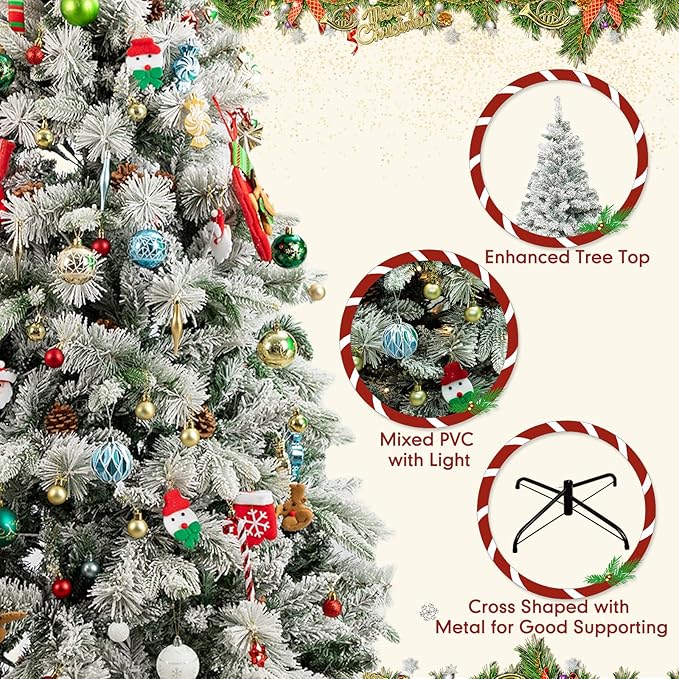 7Ft Prelit Christmas Tree,Snow Flocked Artificial Hinged Holiday Christmas Pine Tree,Xmas Tree w/400 LED Lights and 1500 Snow Flocked Branch Tips for Home,Office,Party Decoration