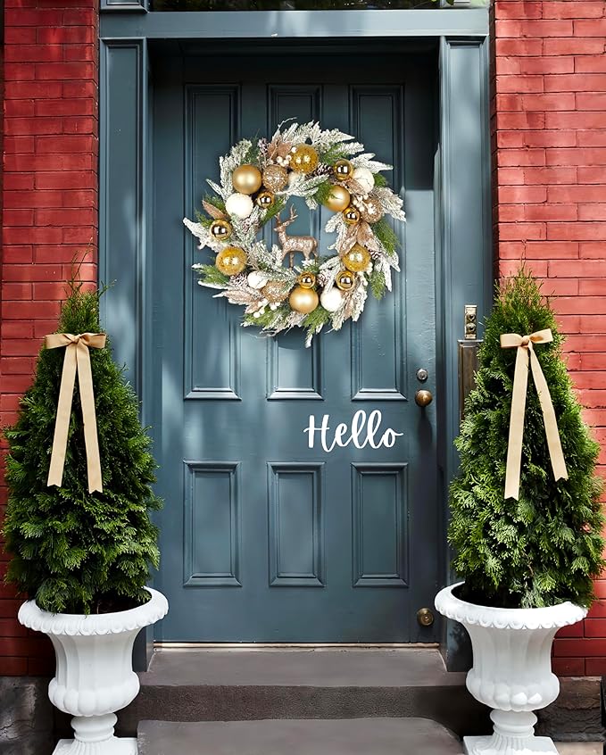 24 inch Pre-Lit Gold Christmas Wreath for Front Door Outdoor, Decorated with Ornaments, Deer Figurine, Flocked Artificial Green Pine Branches, White LED Lights