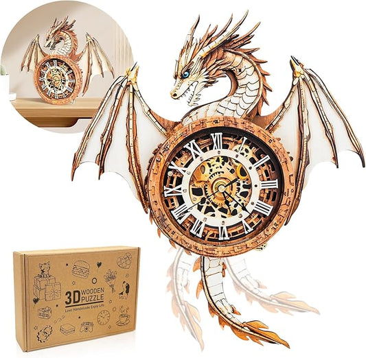 3D Puzzle for Adults Clock-Dragon Design Model Kit-Mechanical DIY Pendulum Clock with Roman Numerals-Desk Office Home Decor Personalized Gift for DIY Lovers