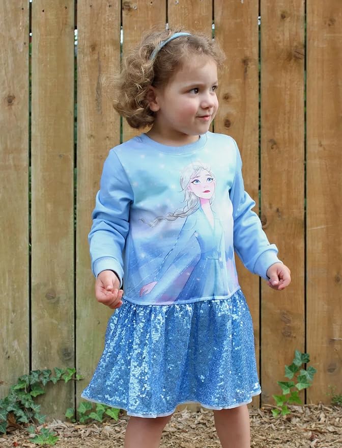 Disney Stitch Minnie Elsa Princess Sweatshirt Dress Toddler Girl Sequin Long Sleeve Pullover Clothes Fall Outfit 2-9 Years
