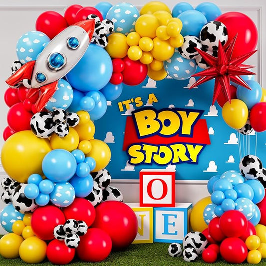 ALL-IN-1 Toy Story Balloons Arch Kit for It's A Boy Story Baby Shower Decorations Theme – Toy Story Balloon Garland Kit with Cloud & Cow Toy Story Balloons for First Toy Story Birthday Party Supplies