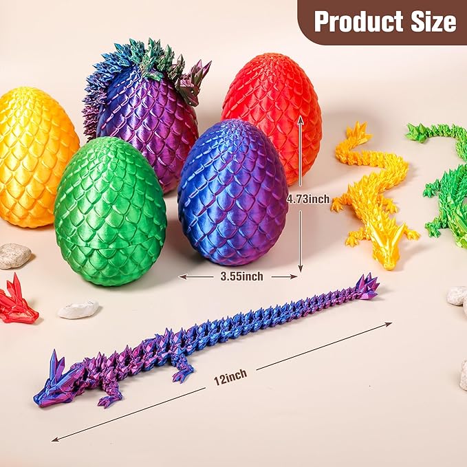 12''3D Printed Dragon and 4.73''Egg - 3D Printed Toys, Articulated Crystal Dragon Egg with Dragons Inside Fidget Toy, Decor Dragons Collectible Figurines(Blue Purple,12inch)