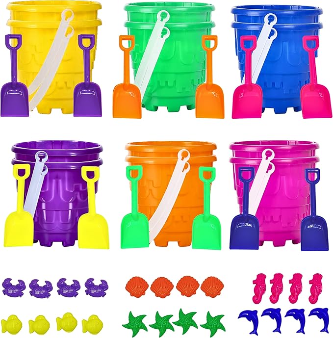 4E's Novelty 12 Sets Beach Toys - Includes 12 Sand Buckets, 12 Shovels, 24 Sand Molds for Kids - Small 5.75" Beach Buckets Bulk for Summer Party Favors, End of Year Student Gifts Toys
