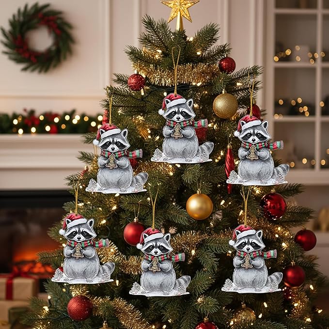 6 Pcs Acrylic Christmas Raccoon Ornaments for Christmas Tree Decor, Cute Raccoon Hanging Decorations for Family, Friends & Holiday Festivities