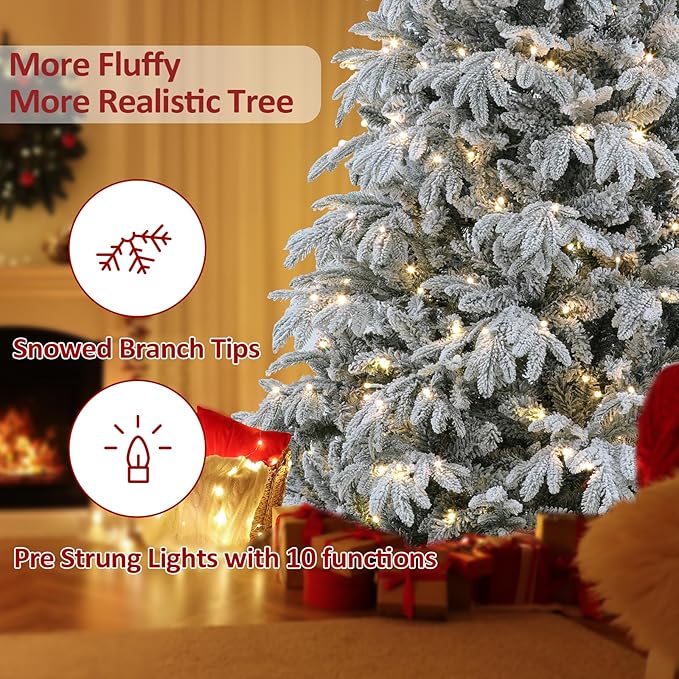 Flocked Christmas Tree Prelit, 7.5 ft Prelit Christmas Tree with Lights, Artificial Tree with 2700 Realistic Tips & 400 Lights Includes 10 Modes, On/Off Foot Flash Pedal
