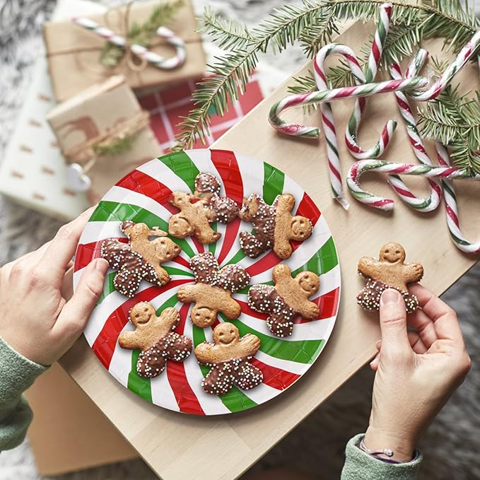 100 Pack Christmas Candy Paper Plates Peppermint Disposable Dinner Plates 9 Inch Red Green Holiday Serving Plates for Christmas Party Supplies Tableware Decoration