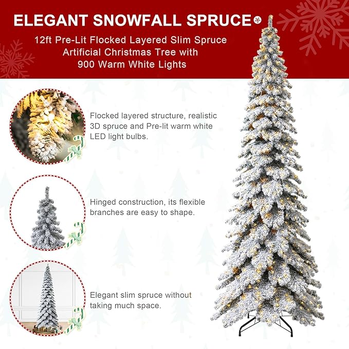 Glitzhome 12ft Artificial Christmas Tree, Pre-Lit Layered Flocked Slim Spruce Tree with 900 Warm White Lights and Foldable Metal Stand, Easy Assembly