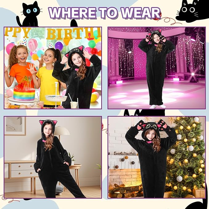 Resiwai Cat Costume for Girls and Boys, Animal Onesie Costumes with Bag and Cat Paws, Halloween Kitty Costume for Kids