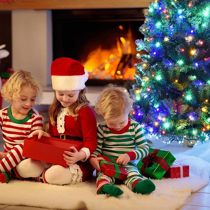 COSTWAY 6 FT Pre-lit Christmas Tree, Artificial Xmas Tree with 350 Warm White & Multicolored Lights, 11 Modes, 1000 Branch Tips, Metal Support, Holiday Decoration Fake Tree for Home, Office, Party