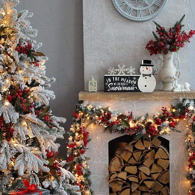 Christmas Decorations for Home Snowman Snowflake Block Farmhouse Merry Christmas Sign Wooden Rustic Tabletop Xmas Party Holiday Décor for Living Room, Dining Table
