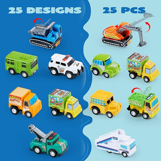 JOYIN 25 Pieces Pull Back Cars and Trucks Toy Vehicles Set for Toddlers, Girls and Boys Kids Play Set, Die-Cast Car, Kids Party Favors, Easter Stocking Stuffers, Birthday Gift