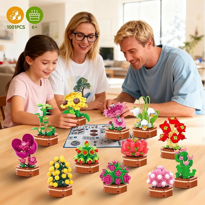 12 Pack Flower Succulent Building Block Set, 1001 Pcs DIY Creative Flowers Model Kit for Adults and Teens, Artistic Floral Home Decor, Perfect Christmas Birthday Gift for Loved Ones