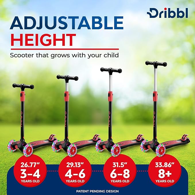 3-Wheel Kids Scooter - Lean-to-Steer Technology, Adjustable Height Handlebar, Anti-Slip Deck, Scooter for Boys & Girls Ages 3+, Child Safety Approved, Support Rider Up To 165 lbs, Black and Red