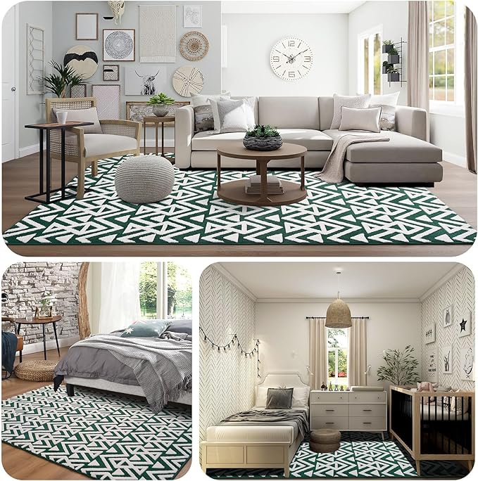 Ompaa Ultra Soft Shaggy Rugs Memory Foam Bedroom Carpet, Green and White 6 x 9 Feet, Plush Geometric Textured Area Rugs for Living Room Couch Dorm Kids Girls Teens Room Nursery Decor Floor Mat