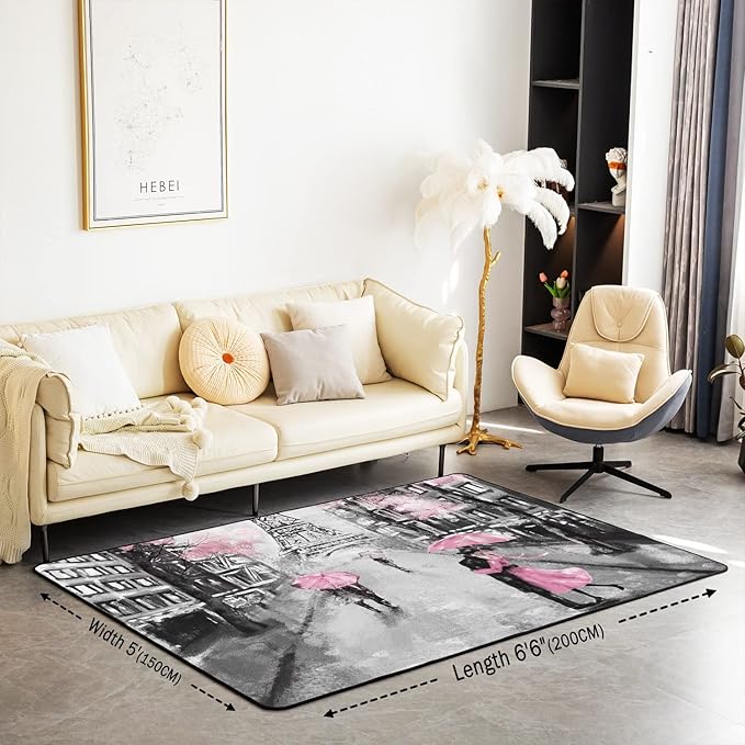 Paris Area Rug 5x6'6'', French Eiffel Tower Rugs for Girls Kids Women, Paris Themed Cherry Blossoms Carpet, Couple Retro Gray Building Non Slip Pink Grey Decorative Rug for Living Room
