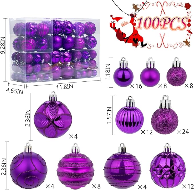 100Pcs Christmas Ball Ornaments Set, Shatterproof Plastic Purple Christmas Ornaments for Xmas Tree, Assorted Baubles Hanging Decorations for Holiday/Party/Wedding (Purple)