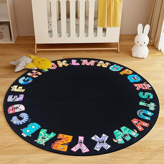 ABC Alphabet Rug for Kids,Classroom Playmat 6ft Non-Slip Circle Rugs for playroom, Round Area Rug for Elementary Classroom, Play Carpet for Boys Girls Bedrooms Playroom,Nursery Rugs-Black