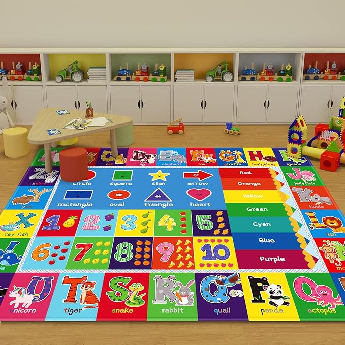 ABC Kids Rug, Kids Carpet for Playroom, Classroom Carpet with Anti-Slip Back, Educational Preschool Rugs with ABC, Numbers, Animals Colors, Shapes, Extra Large Thick (Style 6, 9'8" x 6'5")
