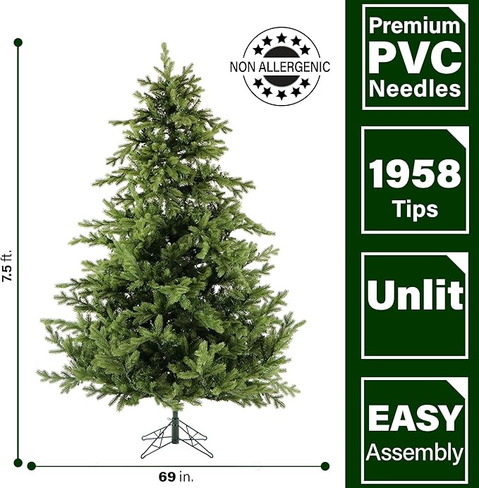 Fraser Hill Farm 7.5-Ft. Woodside Pine Artificial Christmas Tree with Stand and No Lights, Unlit Foldable Fake Christmas Tree with Realistic Foliage for Home Decoration