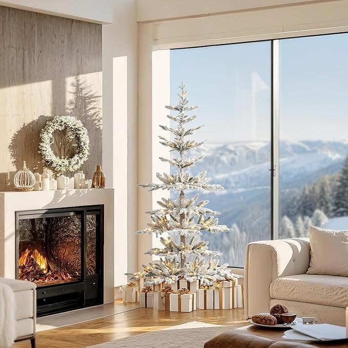 Glitzhome Prelit Christmas Tree, 6ft Flocked Artificial Christmas Tree Serene Snowscape Fir with 300 Warm White Lights for Home, Office, Party Decoration, Metal Hinges & Base, Easy Assembly