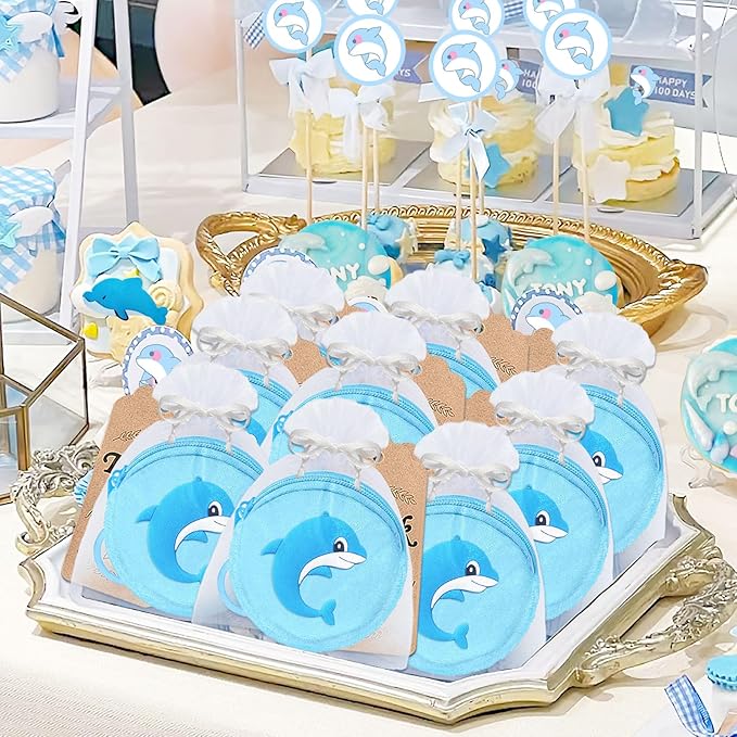 36 Pack Dolphin Change Purses Set Include 12 Dolphin Wallets with Keyring, 12 Thank You Tags and 12 Organza Bags for Dolphin Ocean Sea Animals Under the Sea Party Supplies,Blue