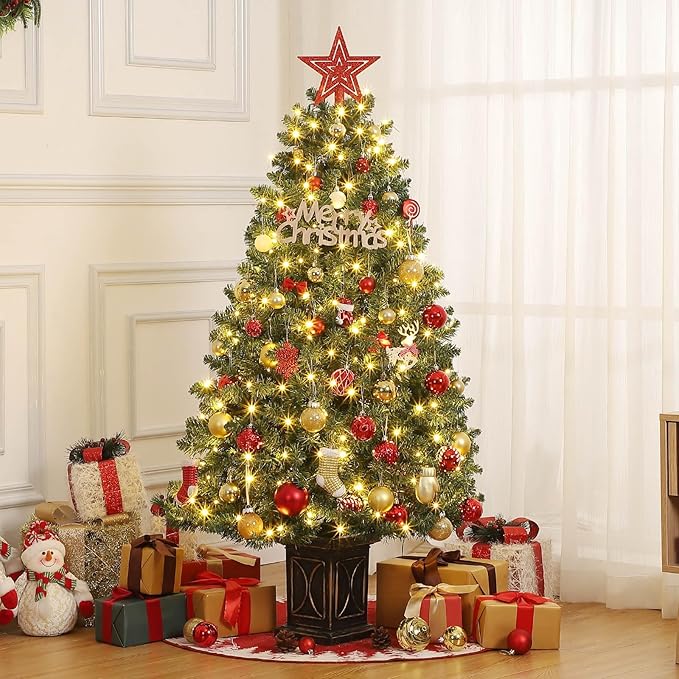 Garvee Pre-lit Artificial Christmas Tree with Warm White Lights, Green Full Christmas Tree 4.5 ft with 8 Light-Modes, Pre Lighted Xmas Tree W/460 Branch Tips, 300 Light & Black Base,1 PCS