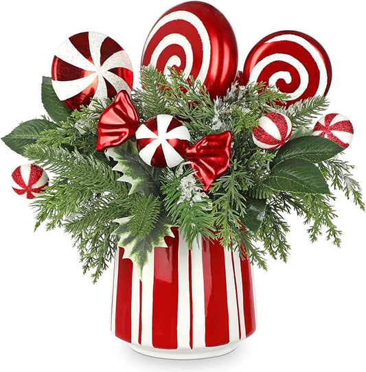Christmas Table Centerpieces Decorations 12.9" Artificial Small Christmas Tree Potted Plant with Red and White Lollipop Candy Canes Pine Cones for Indoor Home Xmas Party Arrangement Centerpieces Decor