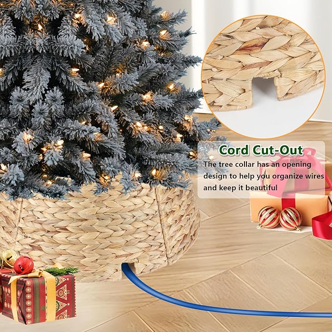 Christmas Tree Collar 24'' D Handmade Hyacinth Tree Collar Basket Rattan Wicker Christmas Woven Tree Ring Stand Base Cover for Christmas Holiday Decoration-Round Natural