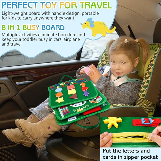 Esjay Toddler Busy Board Montessori Toys, Sensory Board Educational Activities for Learning Fine Motor Skills, Gifts for Girls Boys Toddlers, Travel Toys for Airplane Car,Green Dinosaur