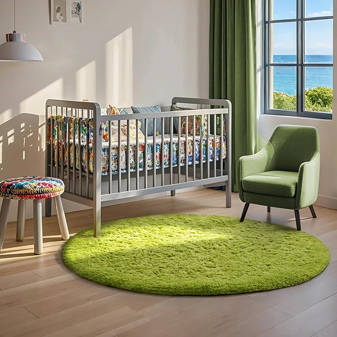 Ophanie Round Rug 4Ft Green Circle Area Rug, Green Room Decor, Fluffy Fuzzy Bedroom Carpet, Plush Soft Shaggy Living Room Rugs for Kids Home Decor Aesthetic, Nursery