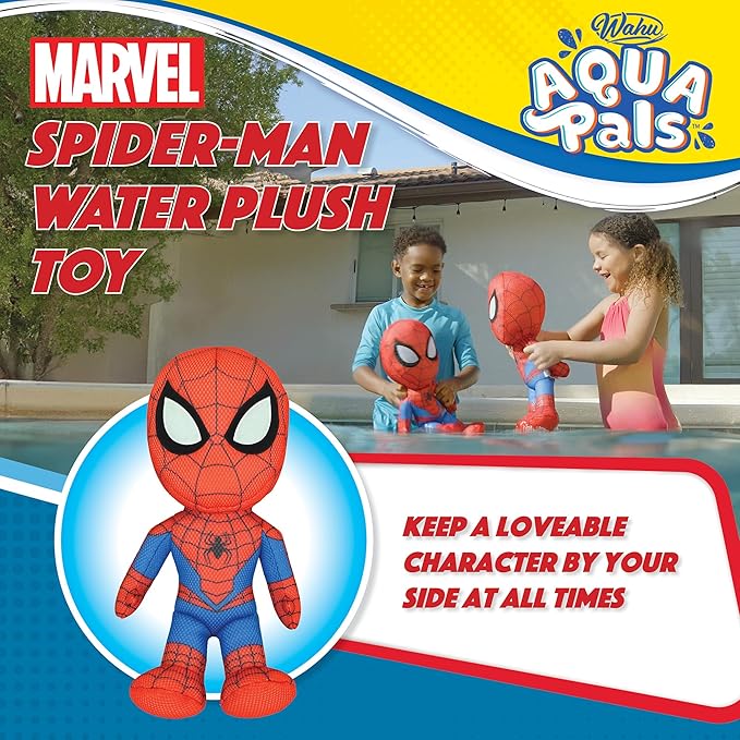 Wahu Aqua Pals Marvel Spider-Man Plush Water Toy for Kids Ages 2+ with AquaDry™ Technology, Washable Plush Doll Toy for Pool and Bathtub, Medium, Red/Blue