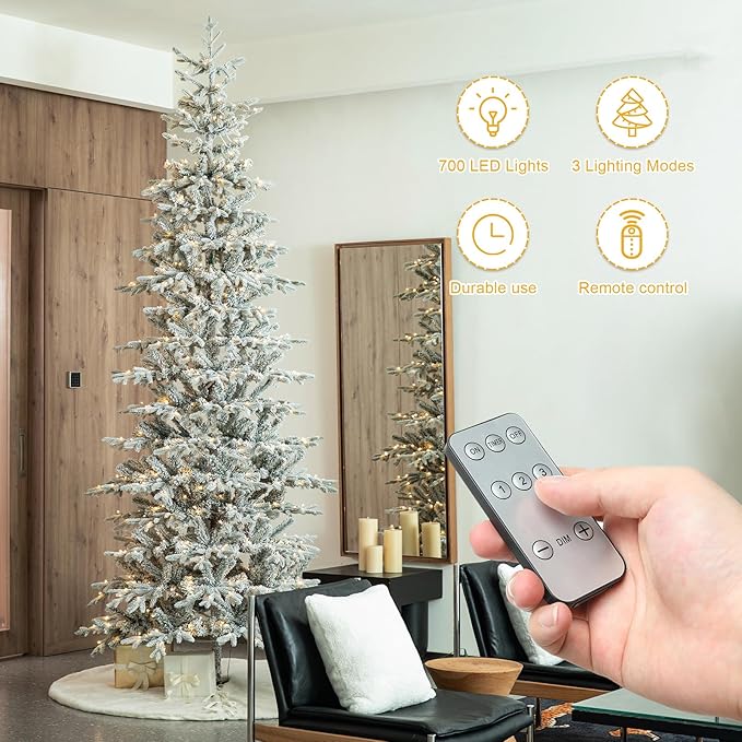 Glitzhome Prelit Christmas Tree, 10ft Artificial Christmas Tree with Easy Assembly Metal Stand, Deluxe Flocked Christmas Tree Majestic Frostfall Fir with 700 Warm White Lights for Holiday Decoration