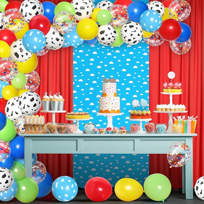 116 Pcs Boy Story Baby Shower Decorations Kit Cartoon Backdrop Includes Blue Sky White Clouds Backdrop Panels Chiffon Background Curtain Balloons for Boys Girls Birthday Party