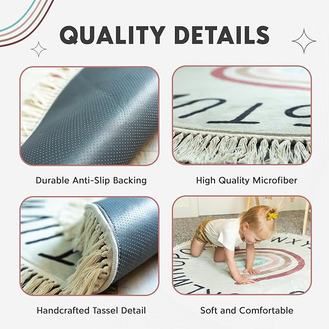 ABC Rug for Kids - 4ft Lovely Boho Rainbow Rug, Toddlers & Baby Rug for Playroom, Round Classroom Rug,Ultra Soft & Non Slip Alphabet Rug-Nursery Rug, Children's Room Carpet,Washable Kids Rug - 47 inch