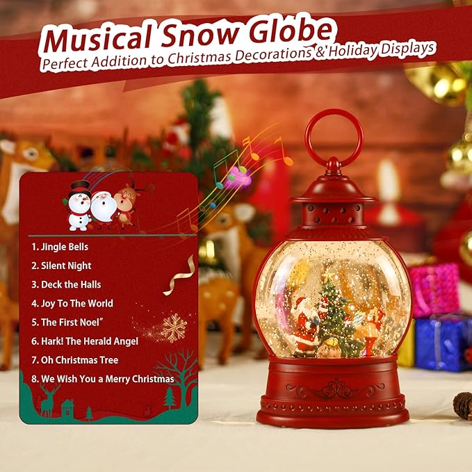Christmas Snow Globe, Santa Lighted Snow Globes Lantern, 6H Timer, Battery & USB Operated Christmas Tree Snow Globe Lantern, Musical Spinning and Swirling Glitter Christmas Decorations Gifts