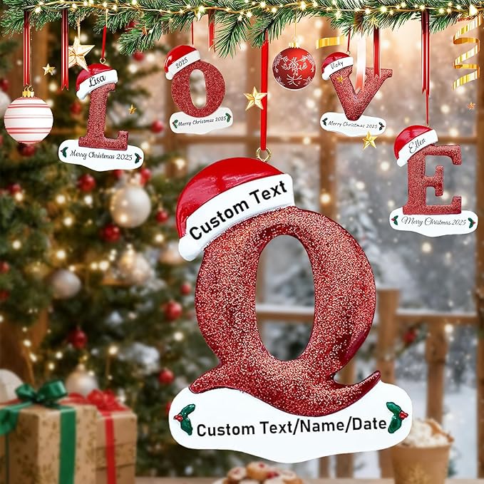 Personalized Letter Christmas Ornaments 2025, Custom Xmas Ornaments Decorations for Christmas Tree with Name 3D Resin Xmas Hanging Pendant Original Gifts for Family Friends (Q)